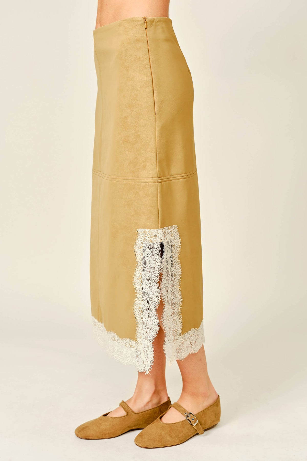 VEGAN LEATHER LACE HEM MIDI SKIRT