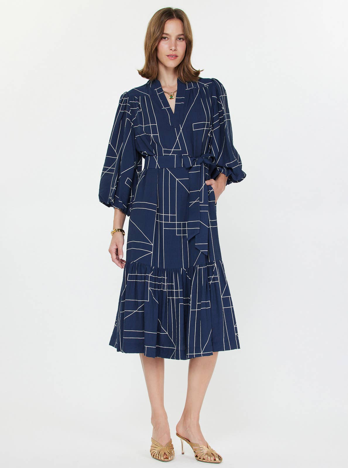 Geometric Printed Puff-sleeve Midi Dress