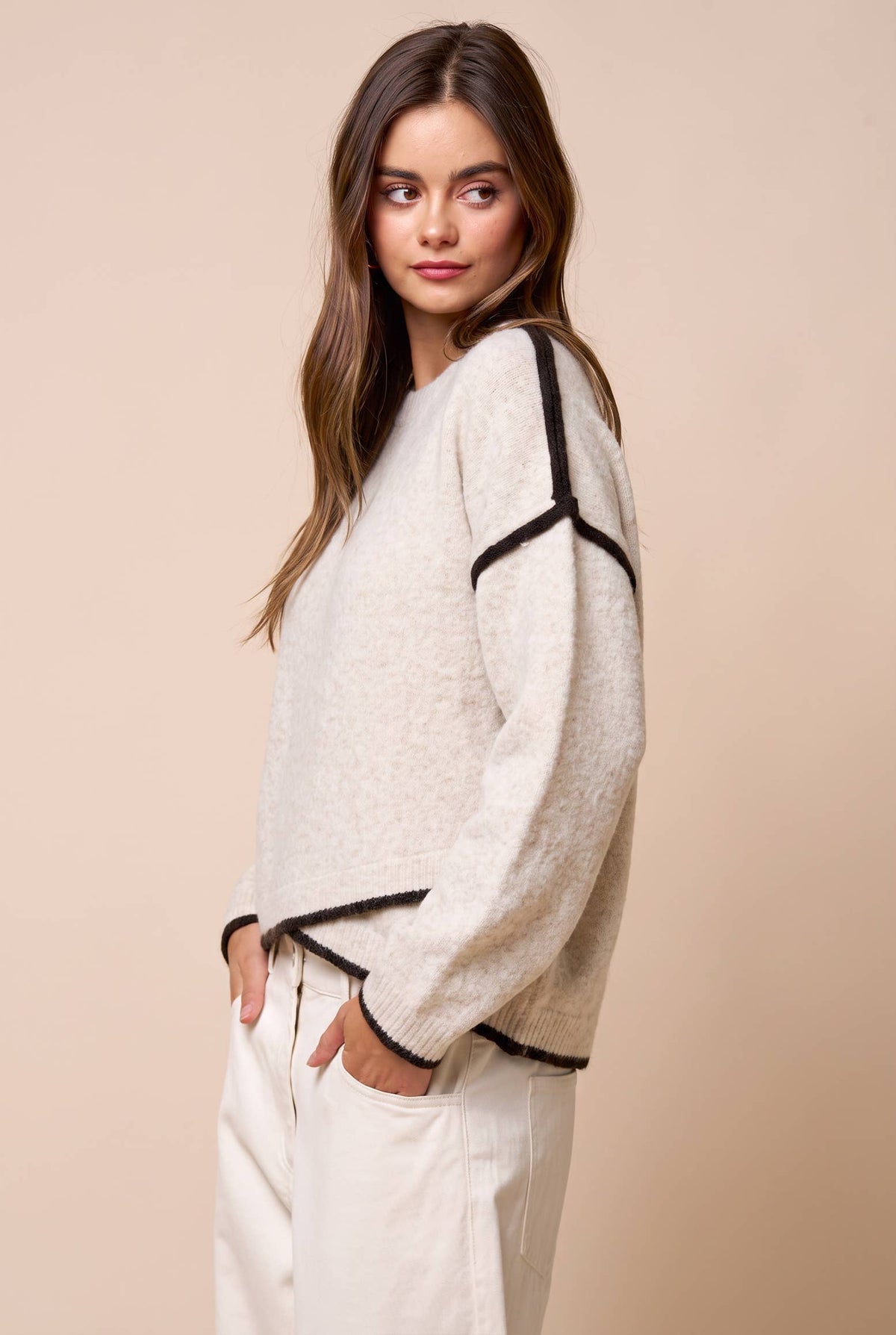 Color Block Wrap Hem Trim Sweater