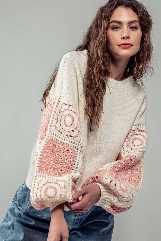 Quilt Blocked Sleeve Crewneck Sweater