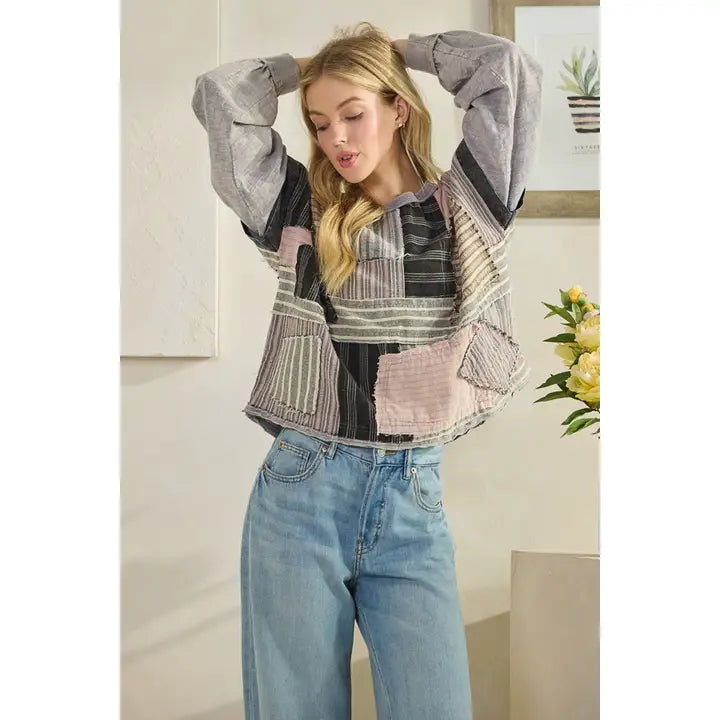Washed Mixed Media Patchwork Long Sleeve Top
