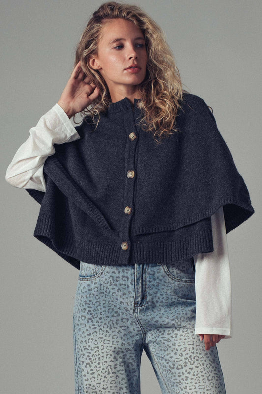 Wool Blend Button Front Sweater Cape
