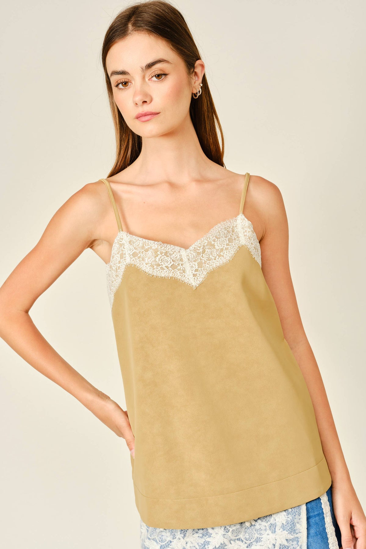 VEGAN LEATHER LACE CAMI TOP