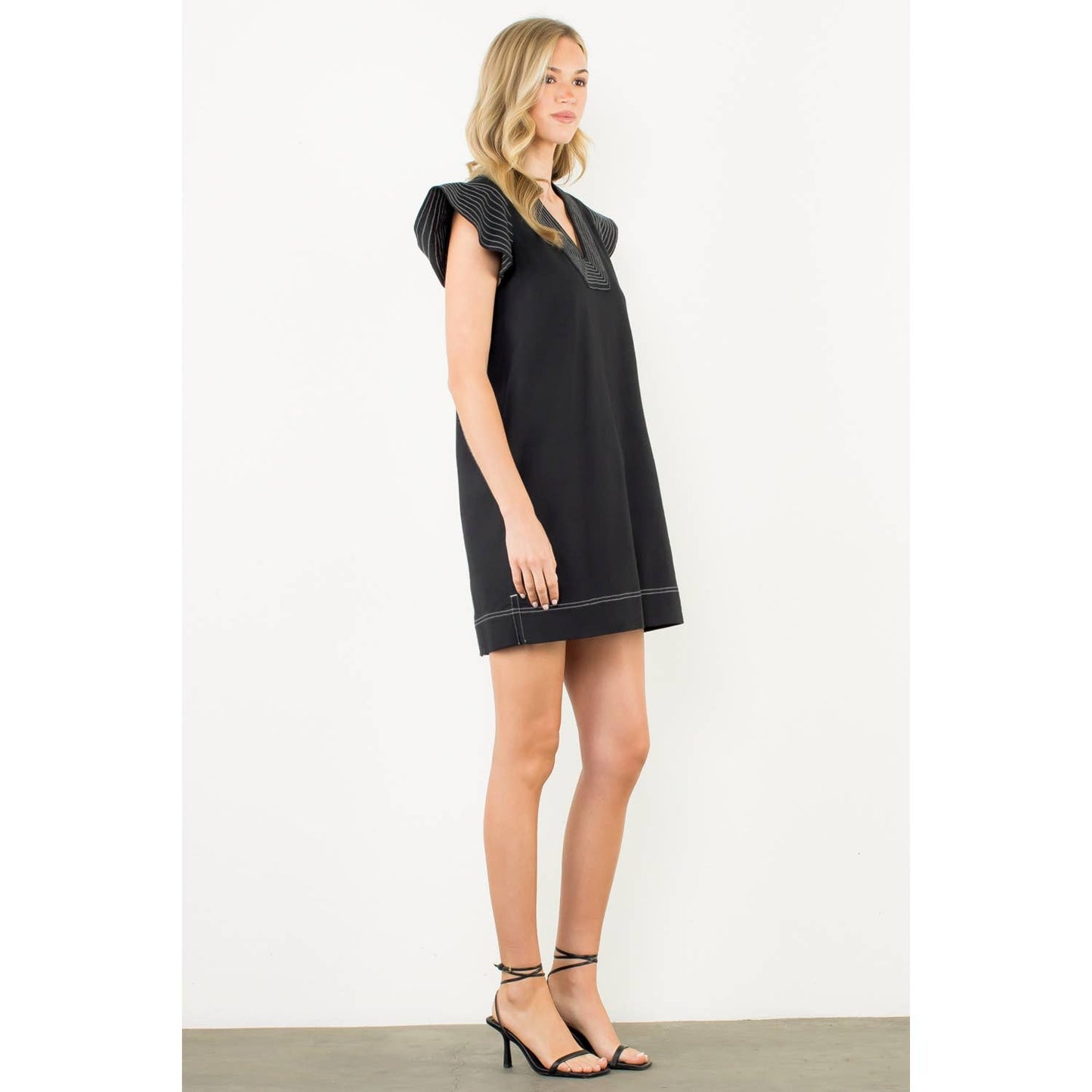 Striped Flutter Sleeve V-Neck Dress