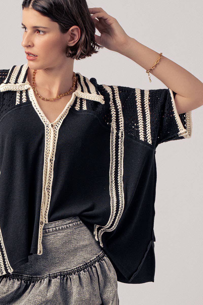 Crochet Lace Button-Down Shirt with Contrast Trim Detail