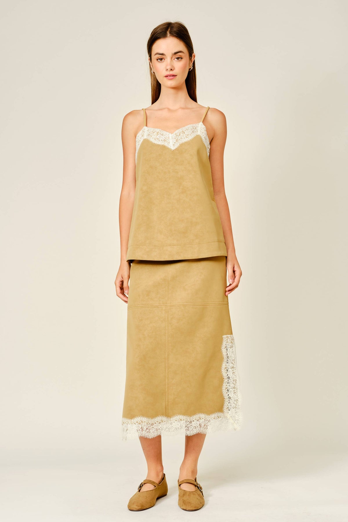 VEGAN LEATHER LACE HEM MIDI SKIRT