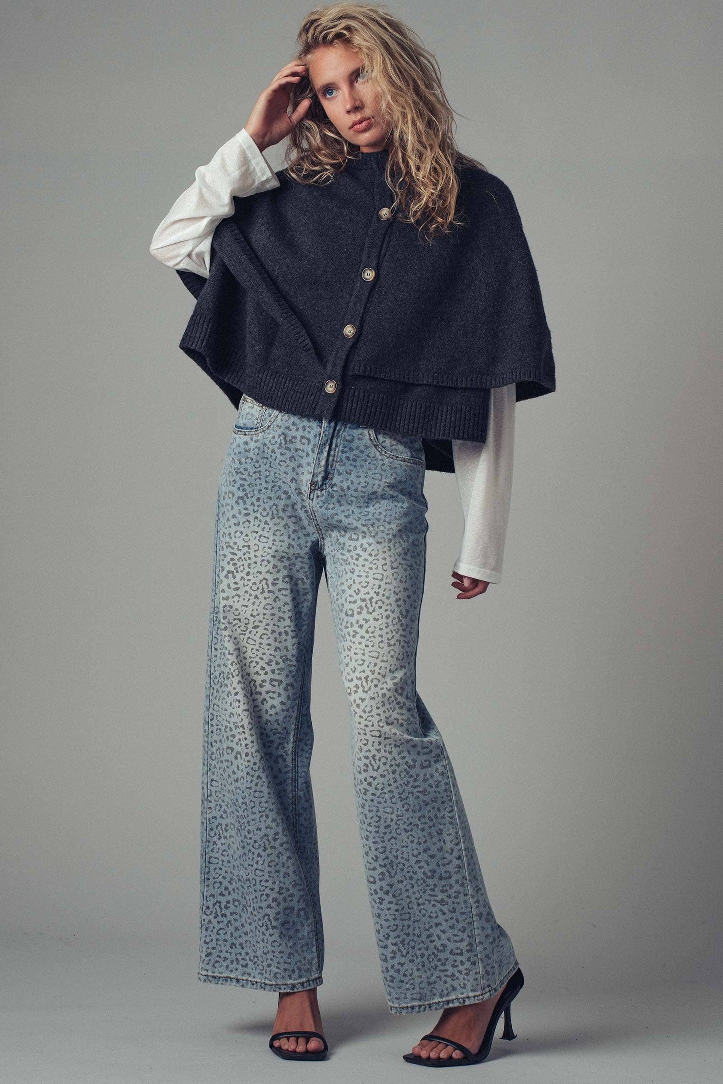 Wool Blend Button Front Sweater Cape