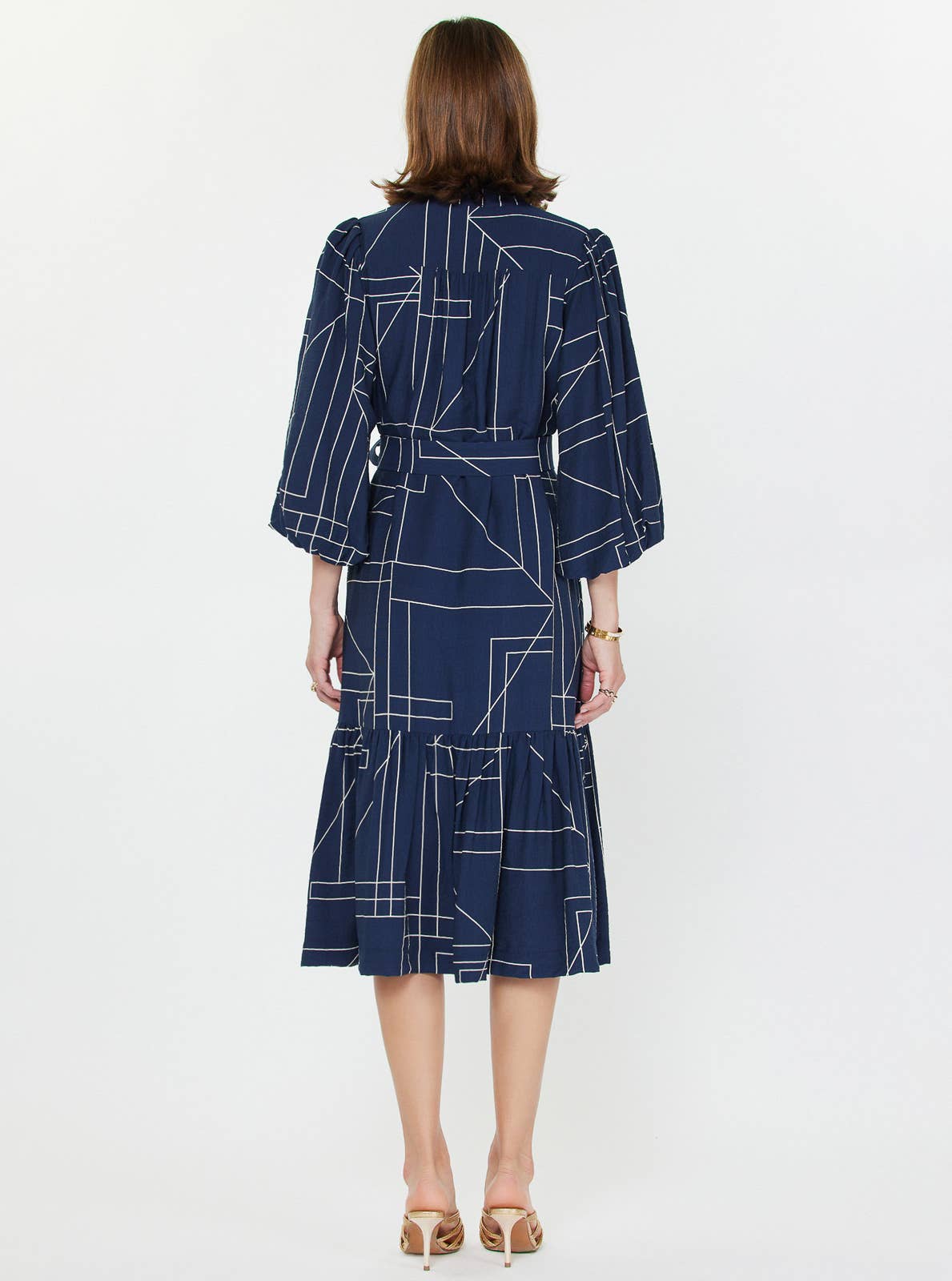 Geometric Printed Puff-sleeve Midi Dress