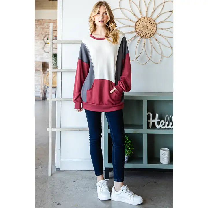Burgundy Gray ColorBlock Sweatshirt