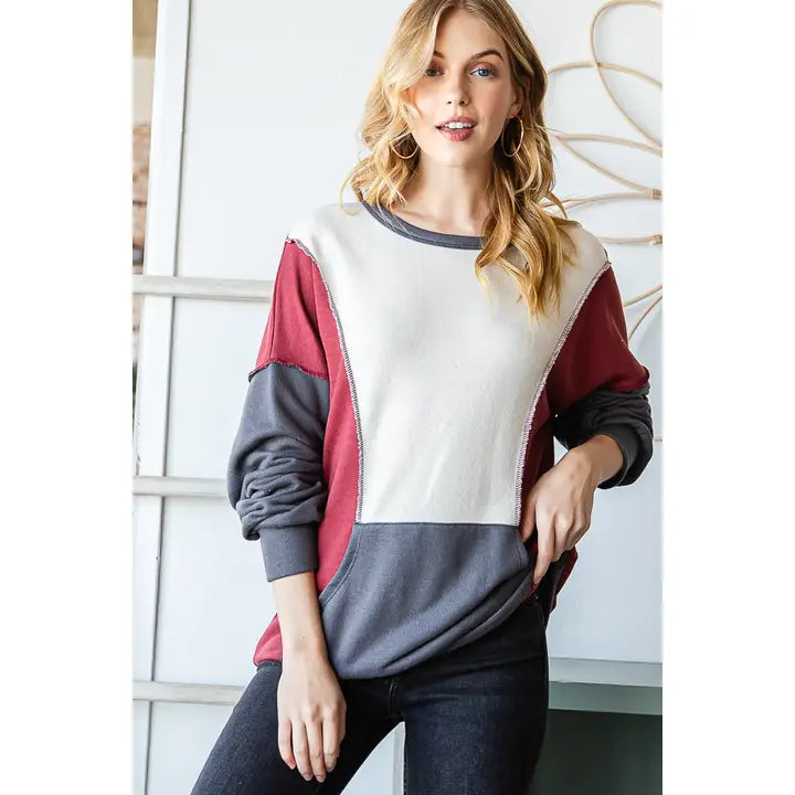 Burgundy Gray ColorBlock Sweatshirt