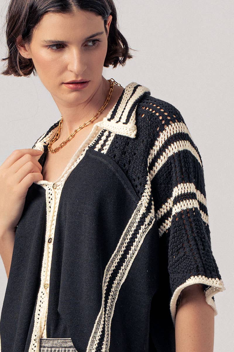 Crochet Lace Button-Down Shirt with Contrast Trim Detail