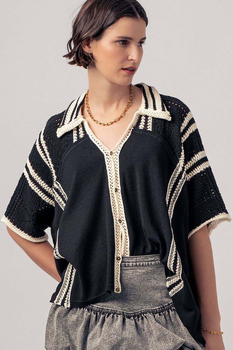 Crochet Lace Button-Down Shirt with Contrast Trim Detail