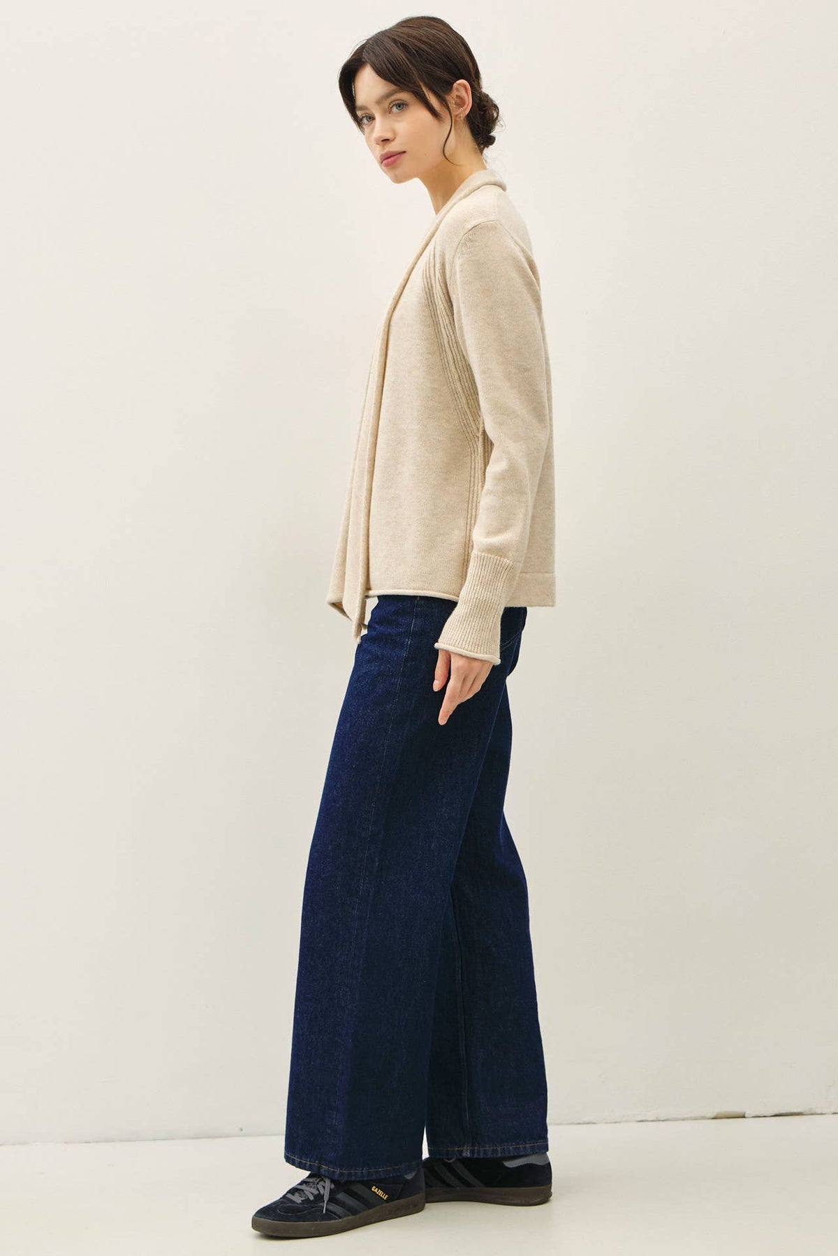 Shawl Collar Open Cardigan with Rolled Edge