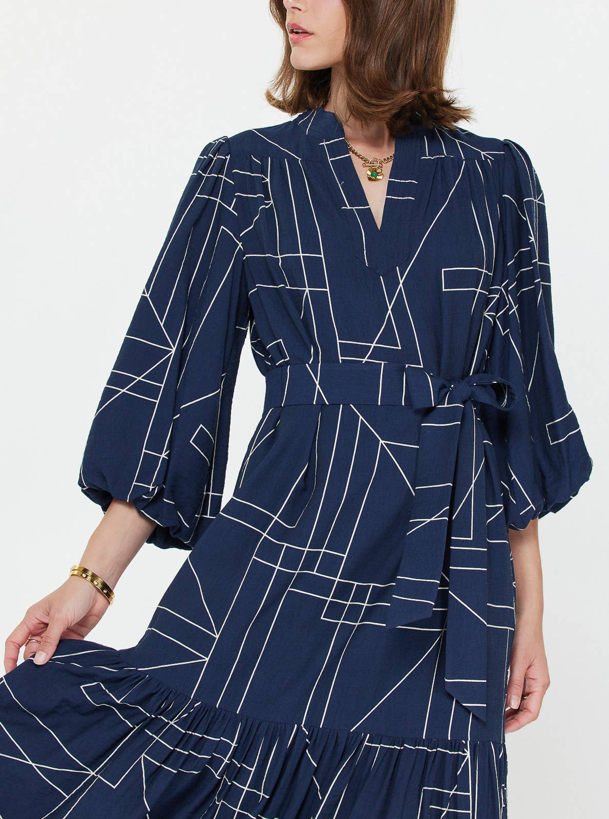 Geometric Printed Puff-sleeve Midi Dress