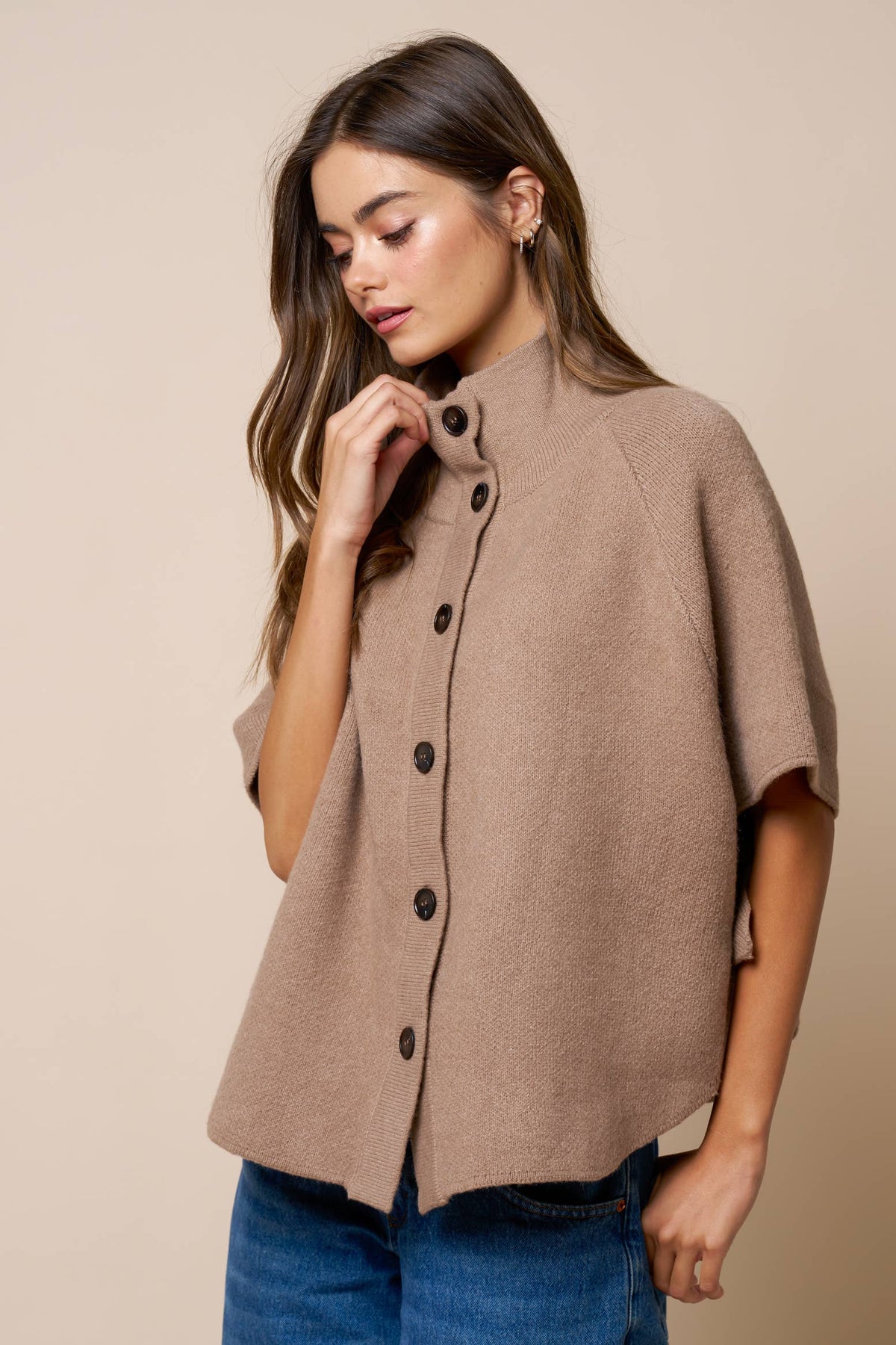 Mock Neck Button Down Knit Poncho
