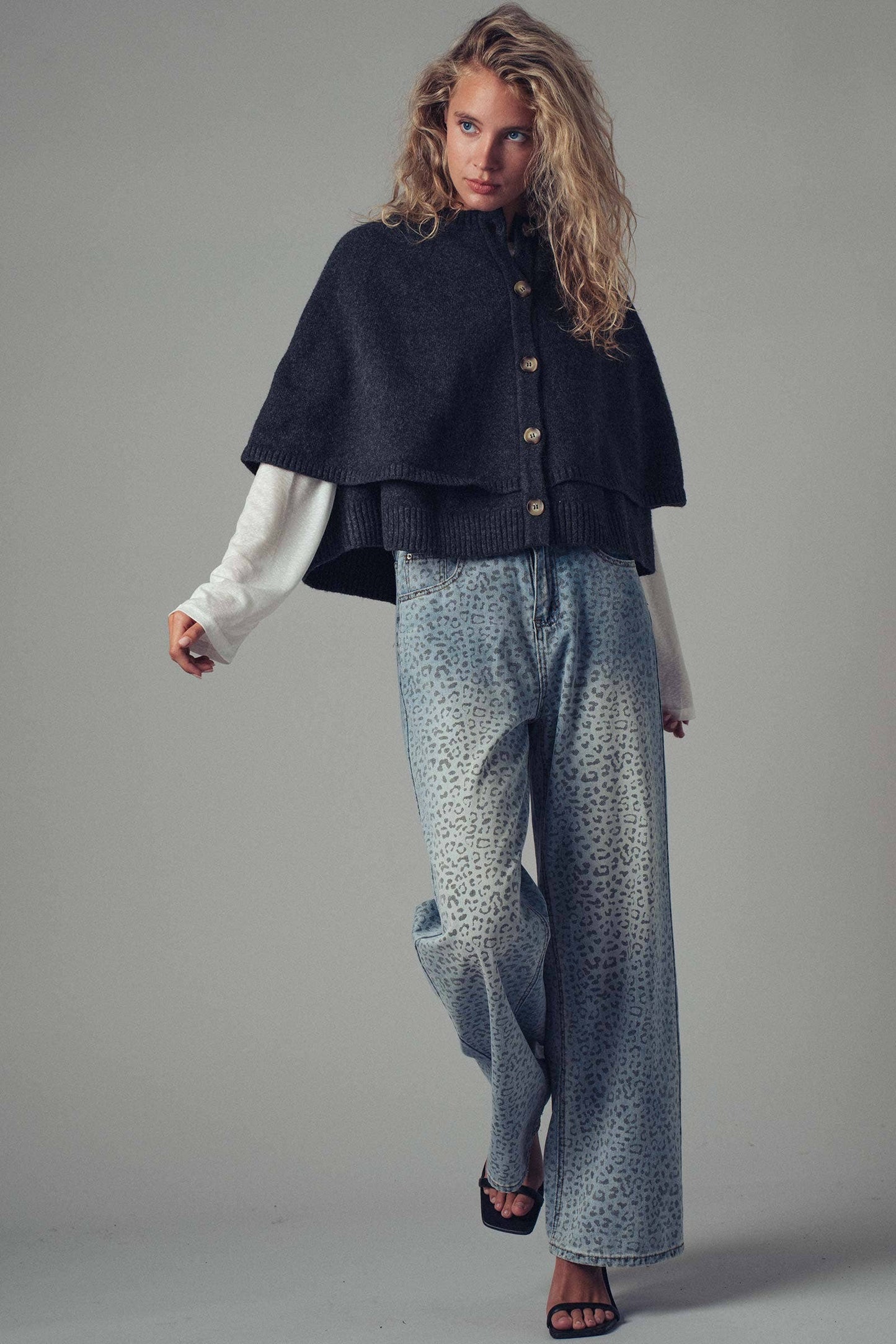 Wool Blend Button Front Sweater Cape