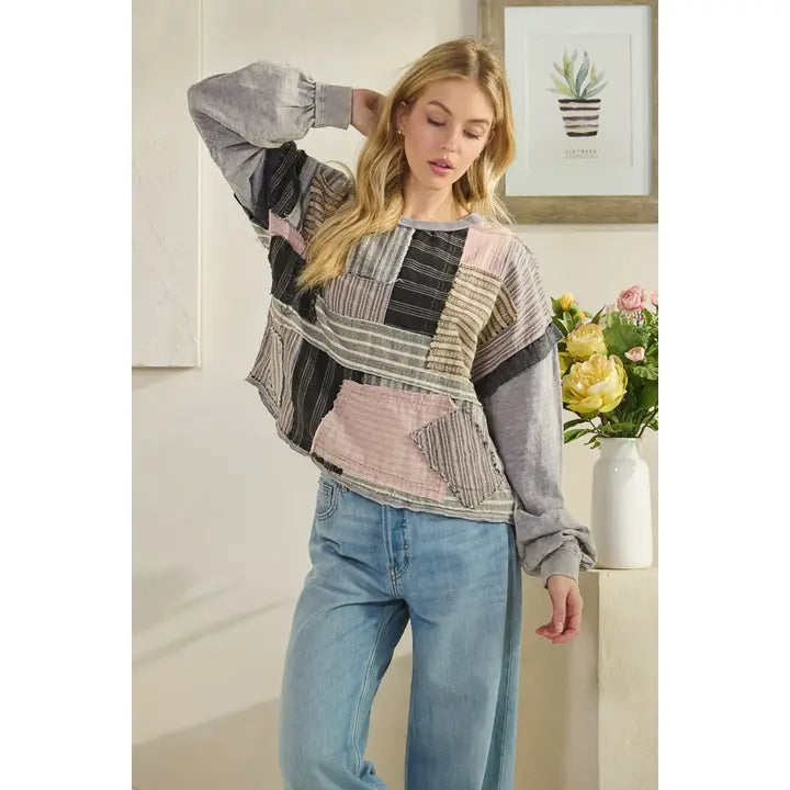 Washed Mixed Media Patchwork Long Sleeve Top