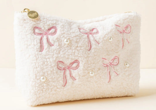 Sherpa Zippered Teddy Pouch - Pink Bows & Pearls