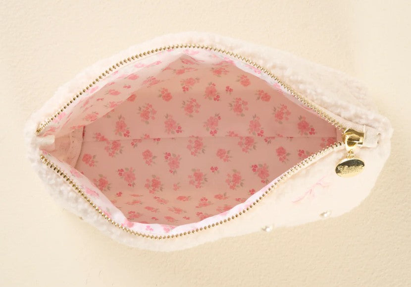 Sherpa Zippered Teddy Pouch - Pink Bows & Pearls