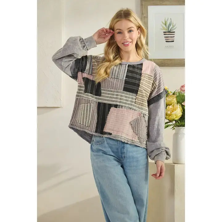 Washed Mixed Media Patchwork Long Sleeve Top