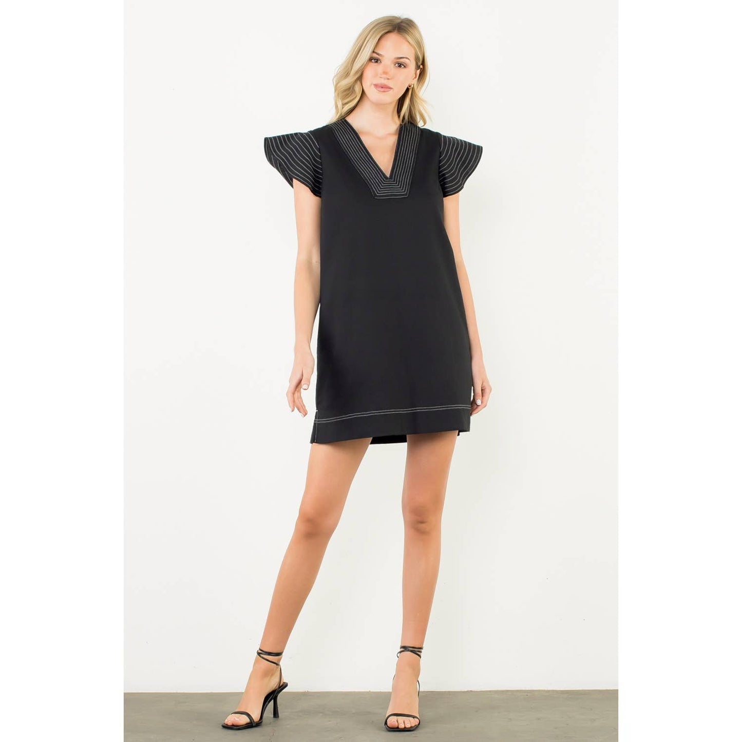 Striped Flutter Sleeve V-Neck Dress