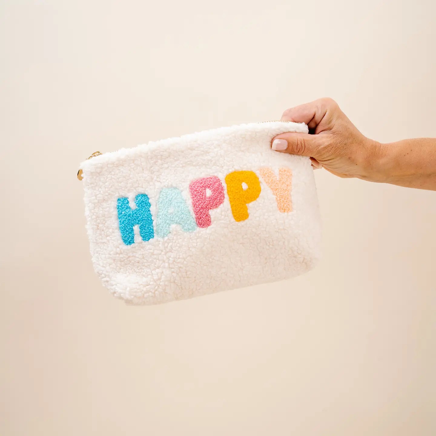 Sherpa Zippered Teddy Pouch - Happy