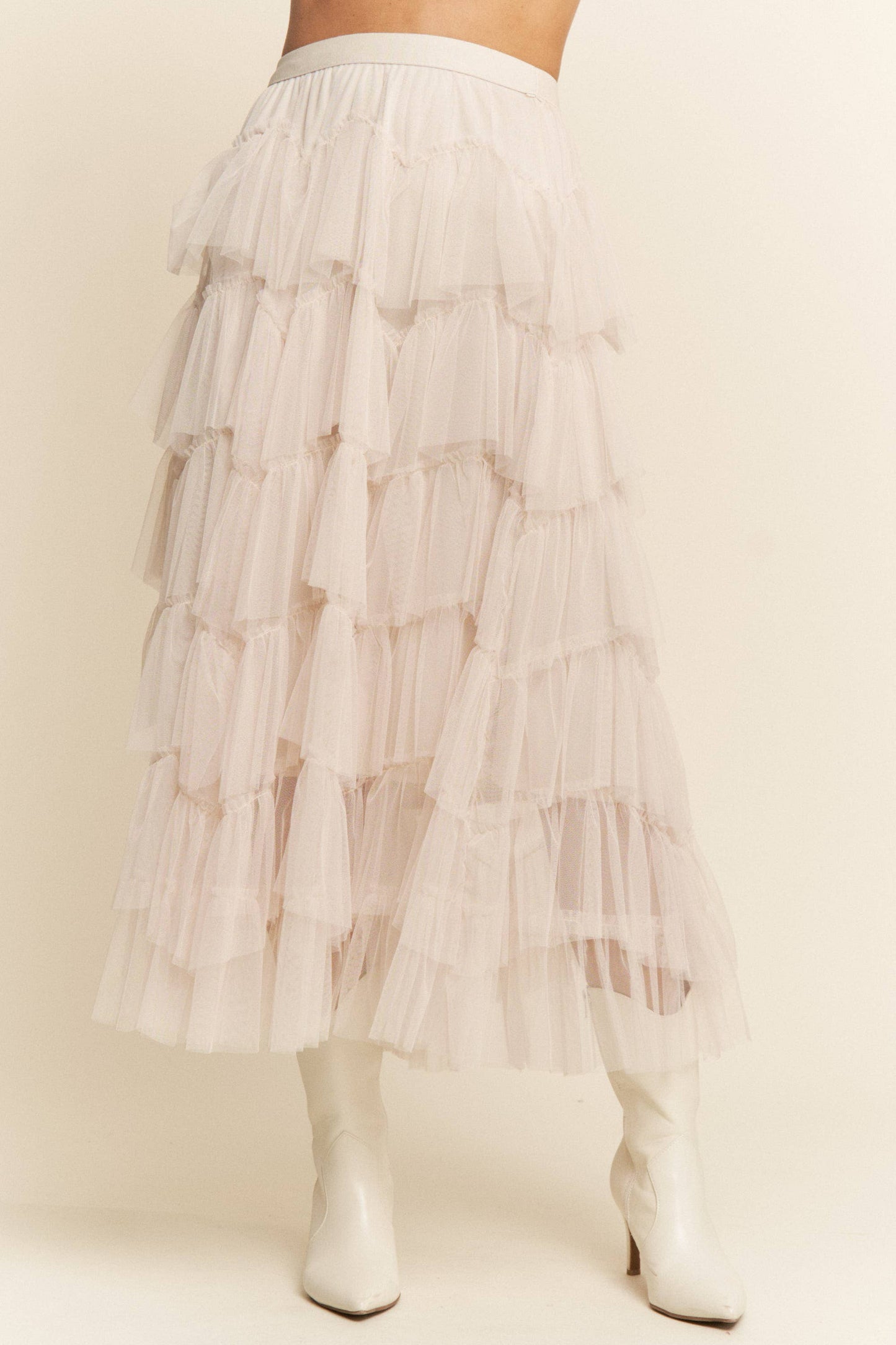 Tiered Ruffle Mesh Lined Maxi Skirt