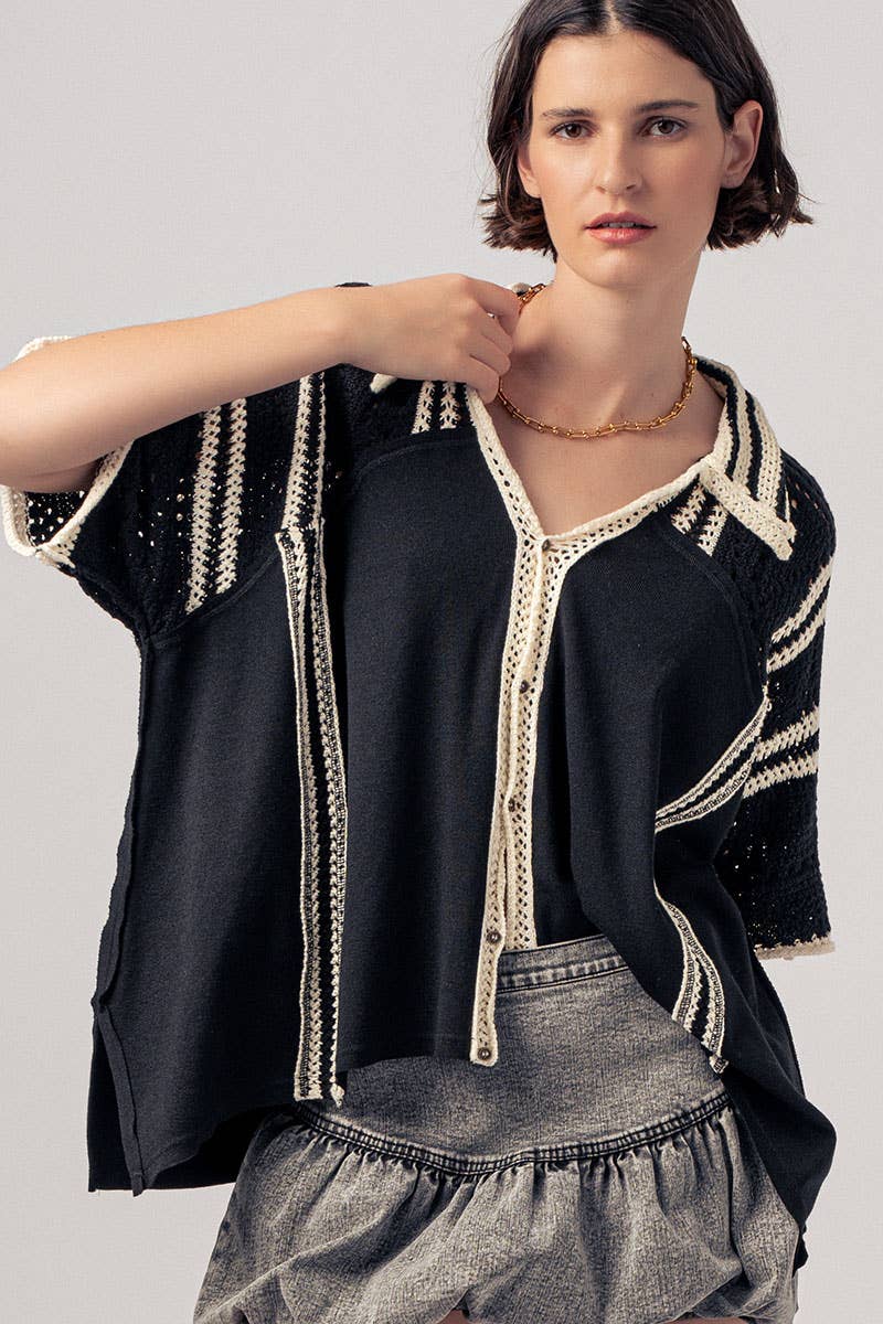 Crochet Lace Button-Down Shirt with Contrast Trim Detail