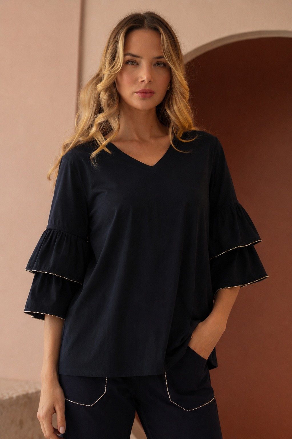 Wesenia Top with Ruffled Trimmed Beading