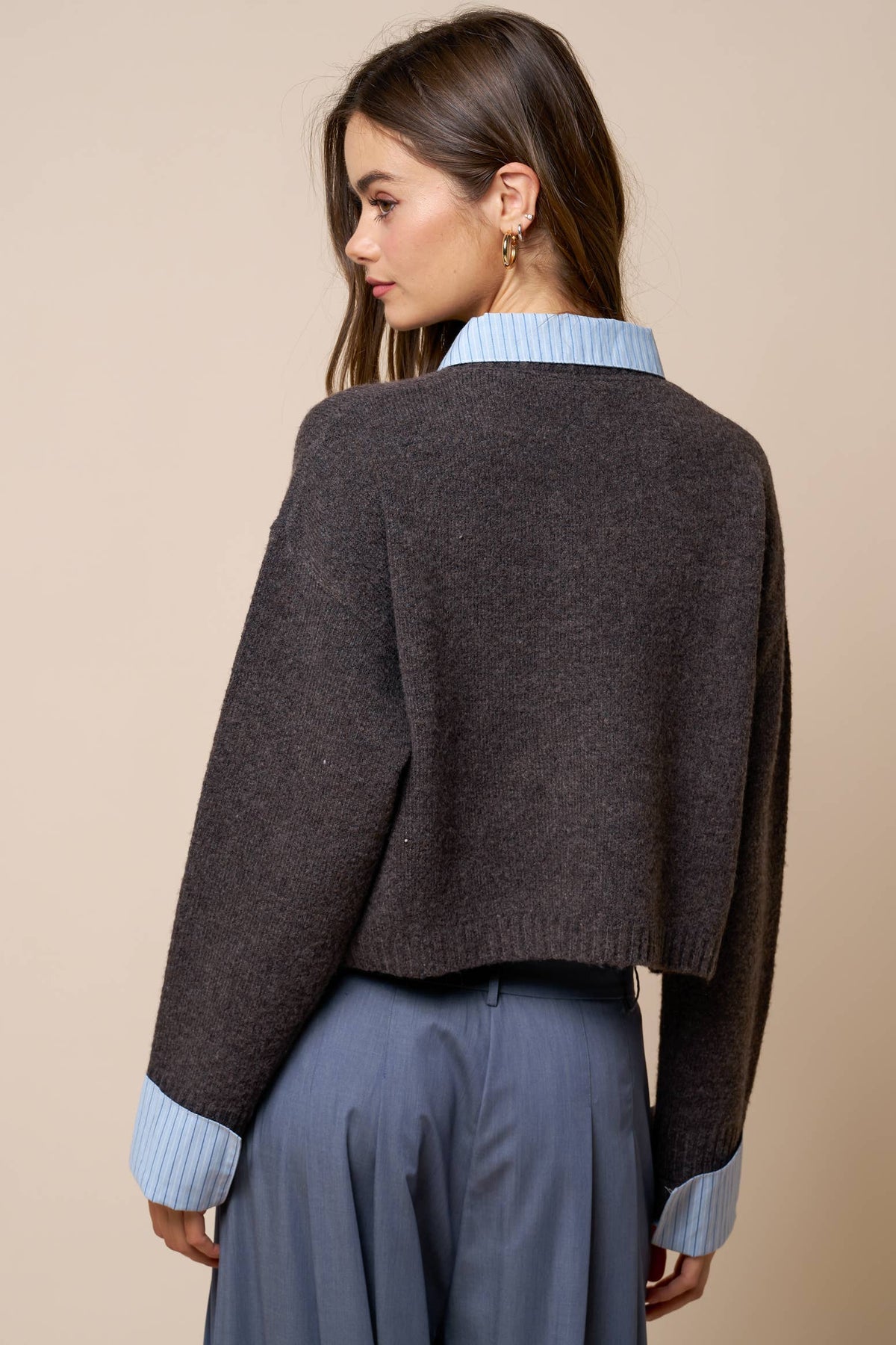 Stripe Trim Mixed Media Button Down Sweater Cardigan