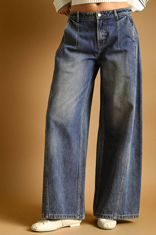 Wide Leg Jeans in Washed Denim with Side Pleats