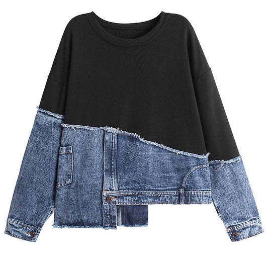 Denim Trim Sweatshirt - Black/Denim One size