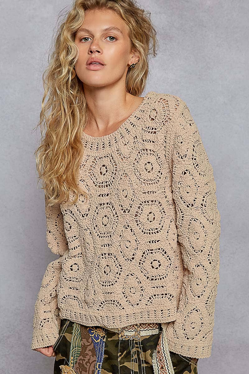 Round Neck Open Knit Crochet Sweater