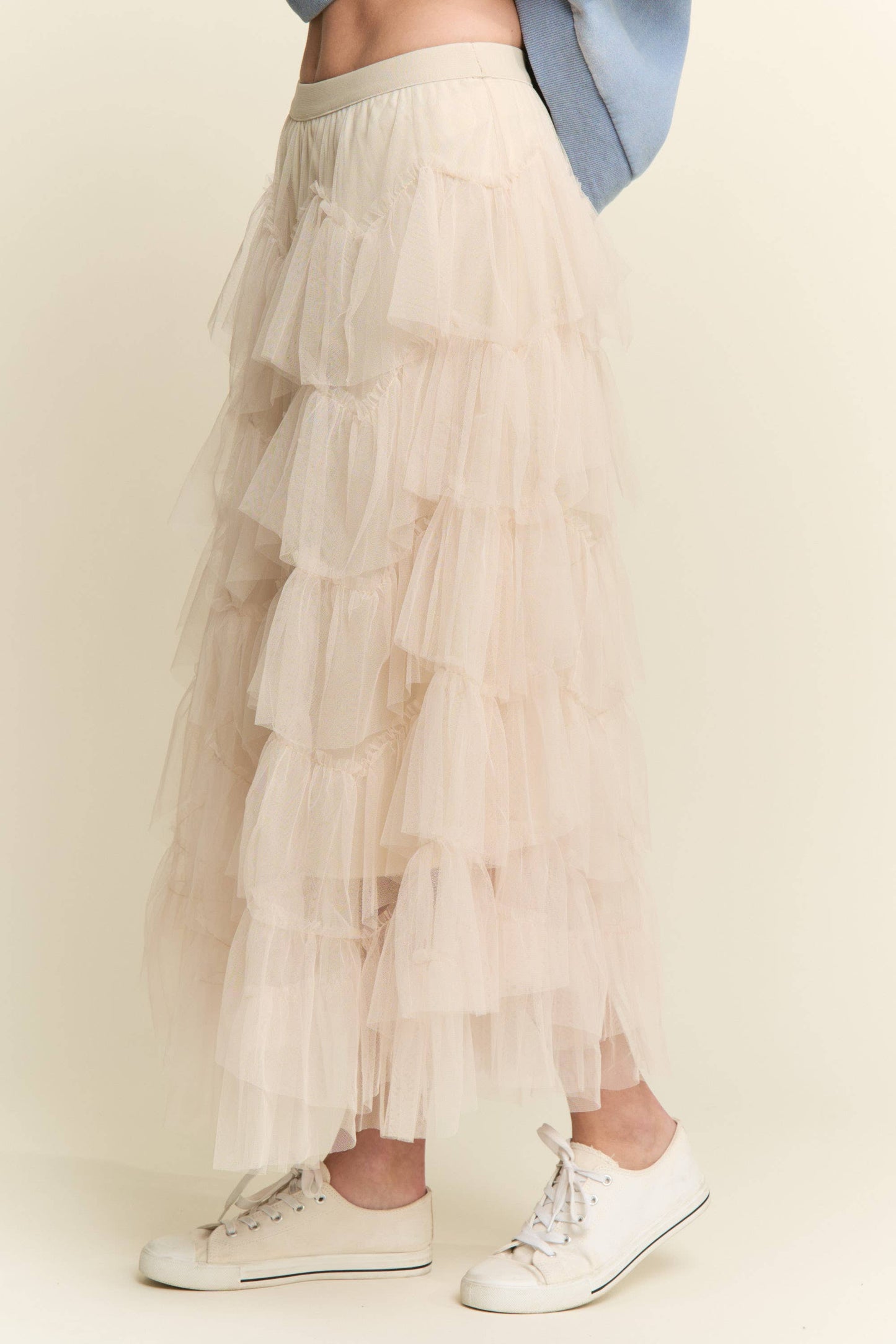 Tiered Ruffle Mesh Lined Maxi Skirt