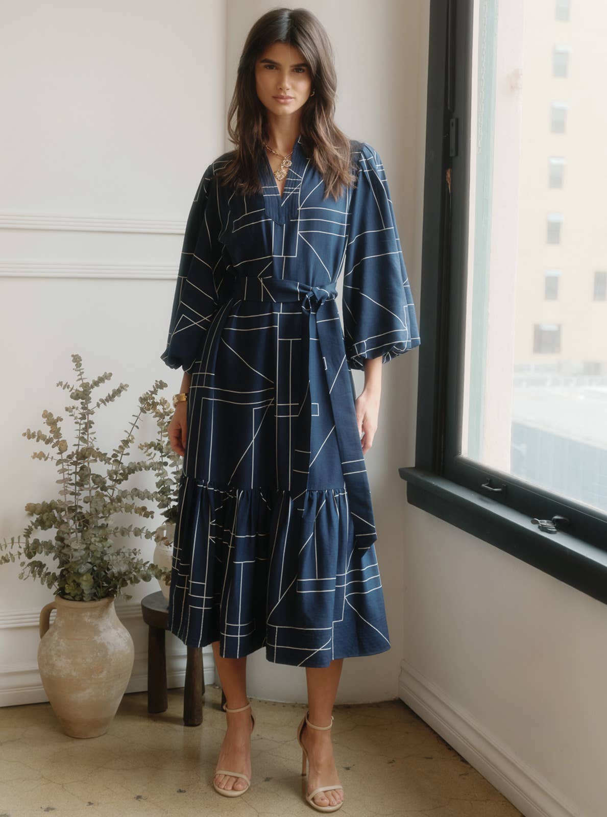 Geometric Printed Puff-sleeve Midi Dress