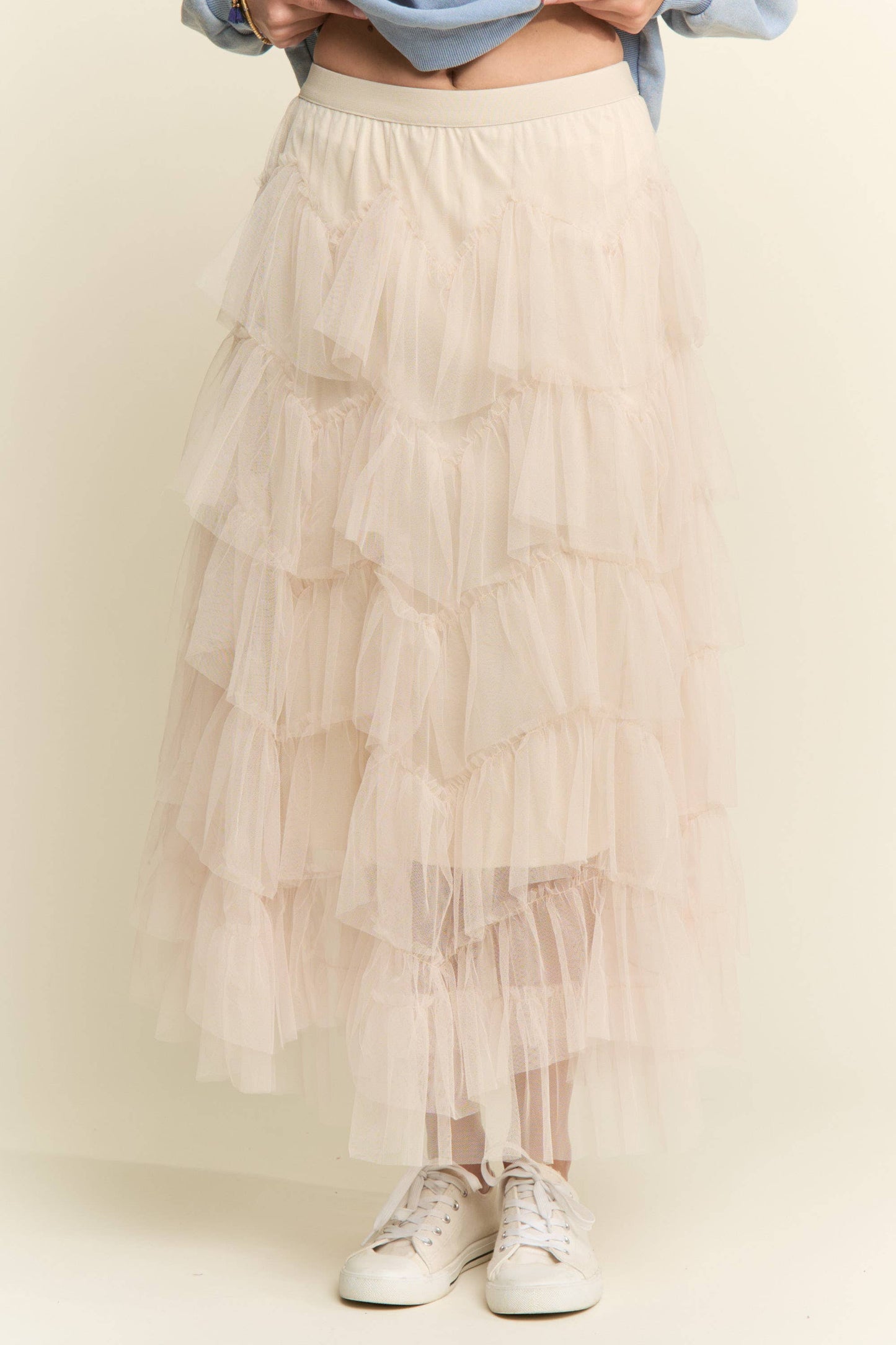 Tiered Ruffle Mesh Lined Maxi Skirt