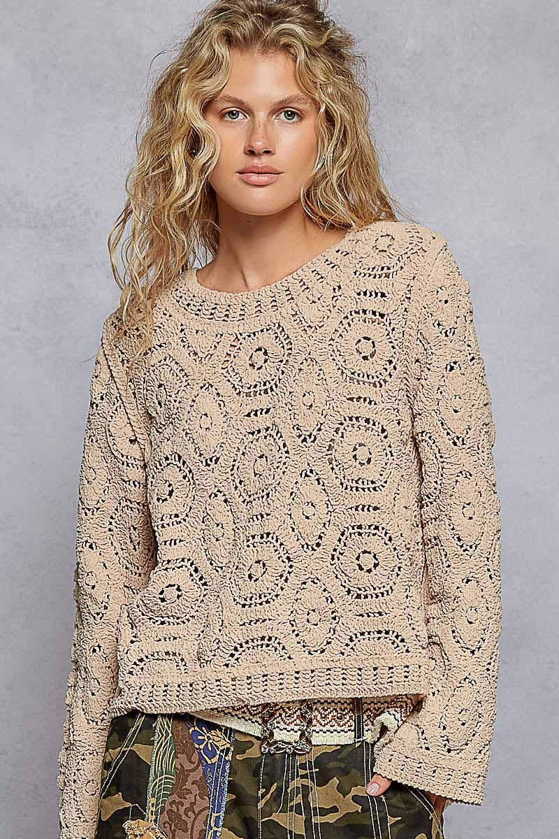 Round Neck Open Knit Crochet Sweater
