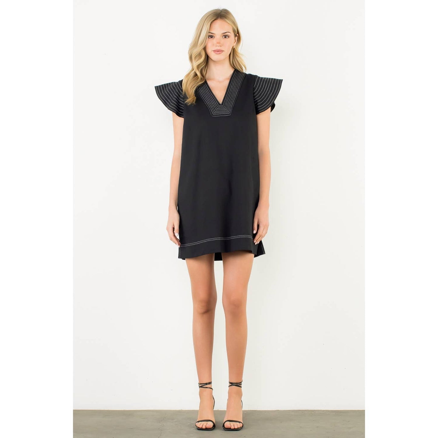 Striped Flutter Sleeve V-Neck Dress