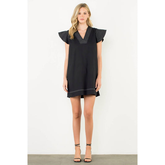 Striped Flutter Sleeve V-Neck Dress