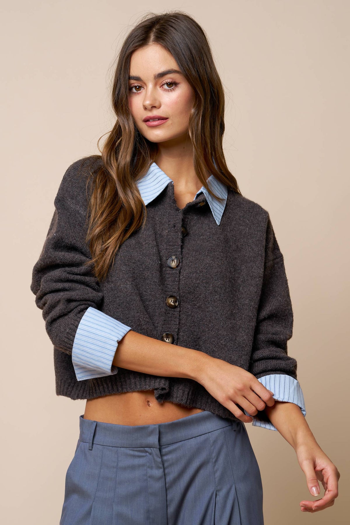 Stripe Trim Mixed Media Button Down Sweater Cardigan
