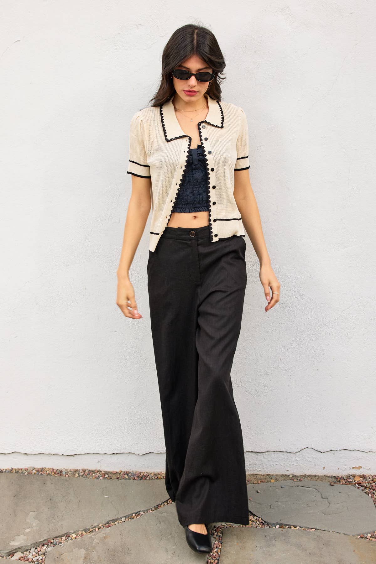 Bay Breeze Contrast Trim Open Knit Top