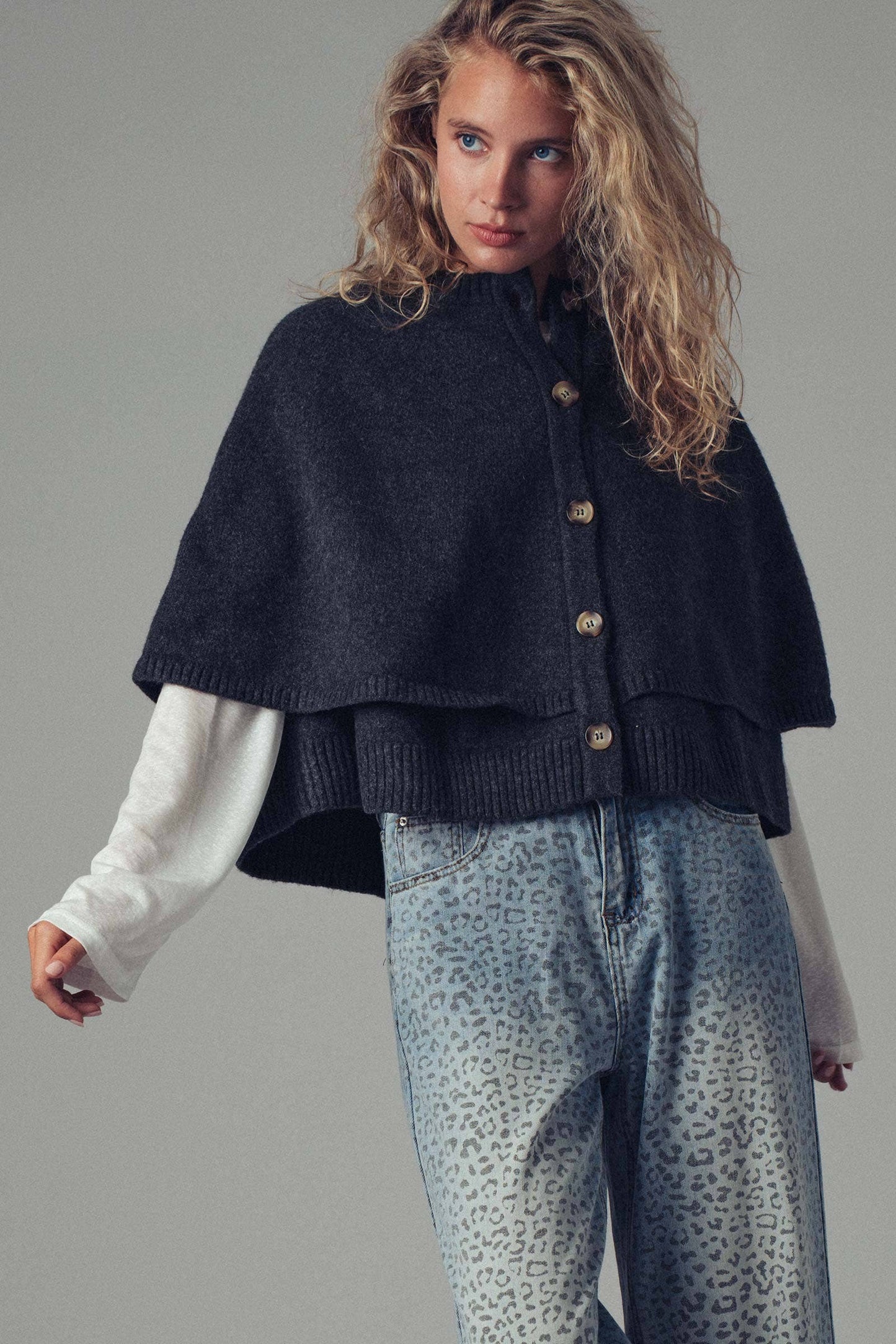 Wool Blend Button Front Sweater Cape