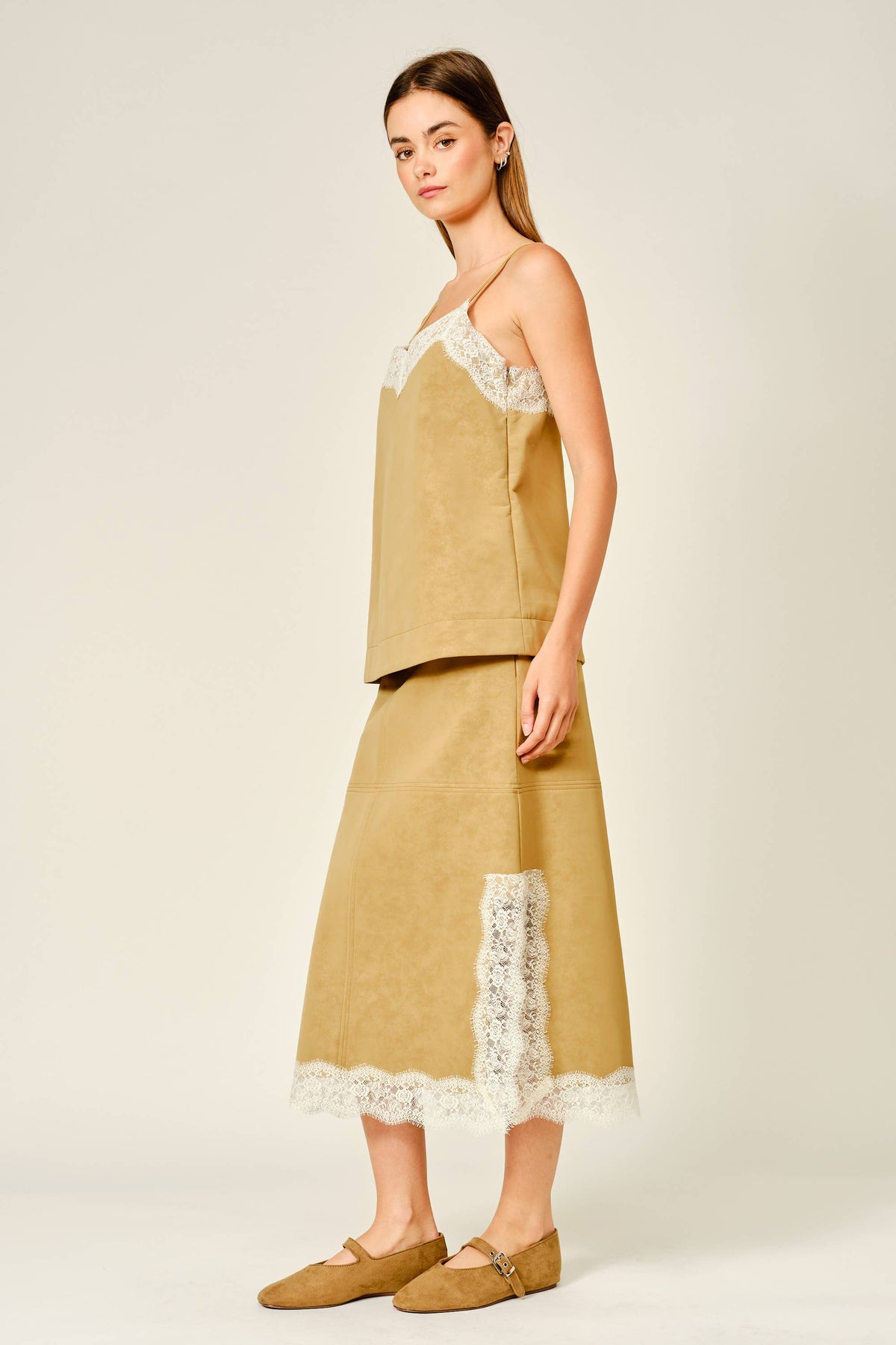 VEGAN LEATHER LACE HEM MIDI SKIRT