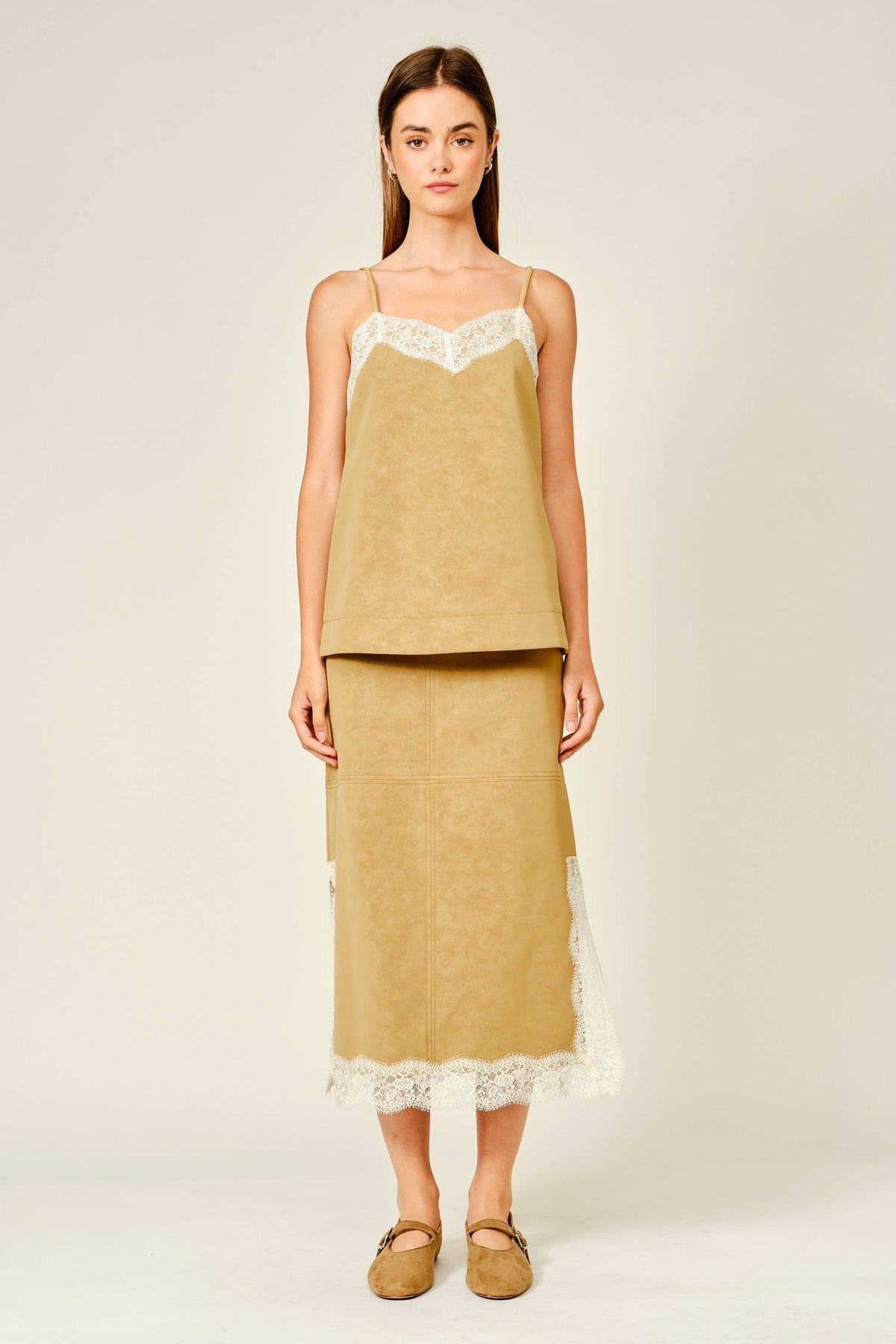 VEGAN LEATHER LACE HEM MIDI SKIRT