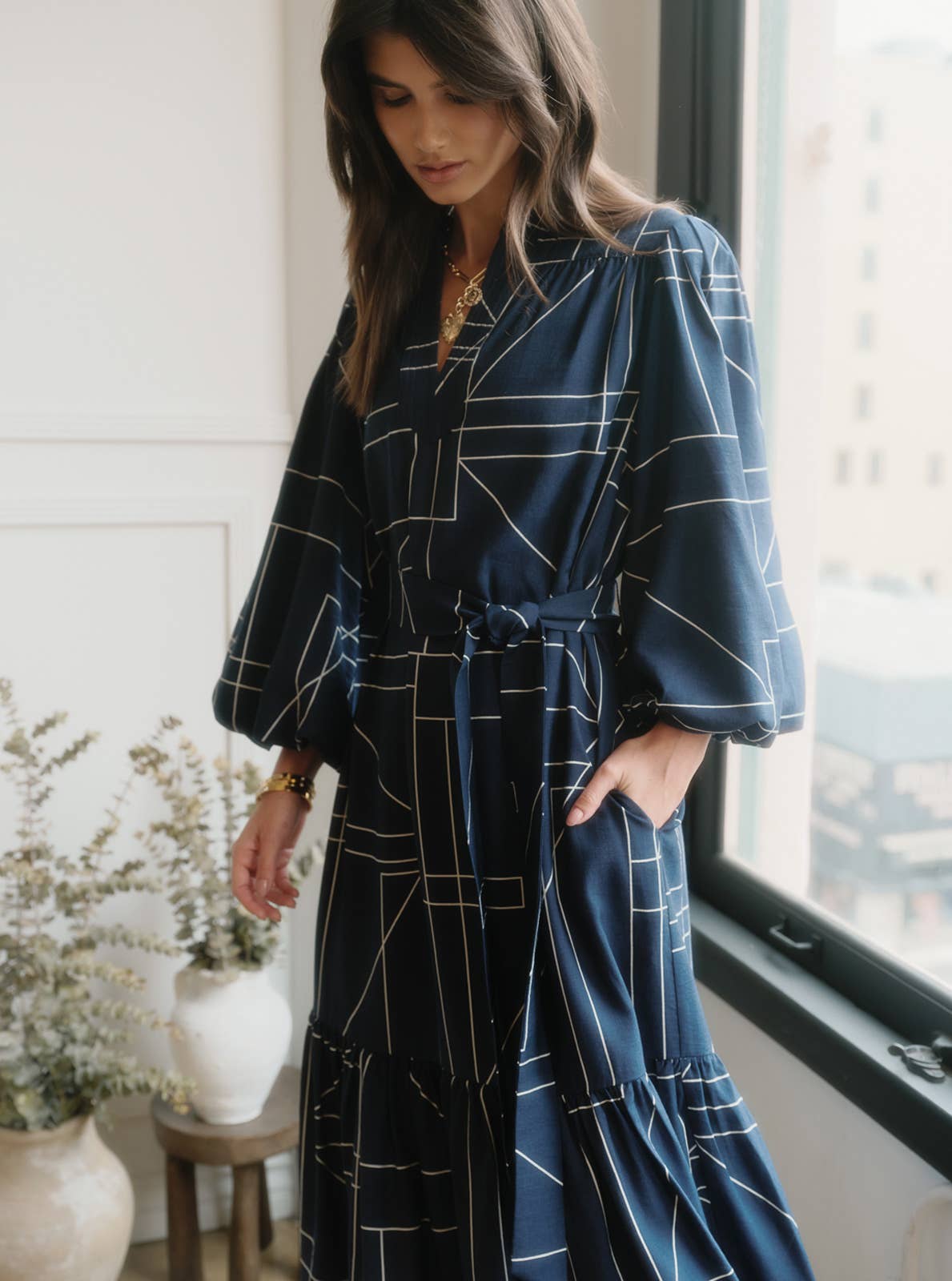 Geometric Printed Puff-sleeve Midi Dress