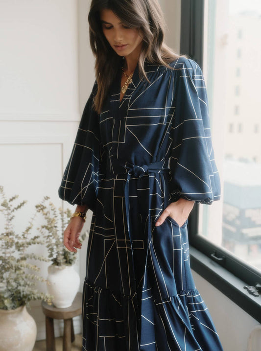 Geometric Printed Puff-sleeve Midi Dress