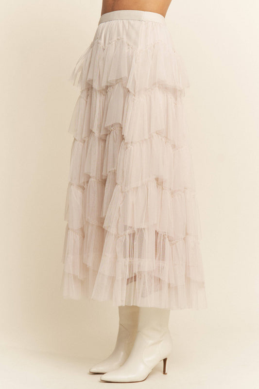 Tiered Ruffle Mesh Lined Maxi Skirt