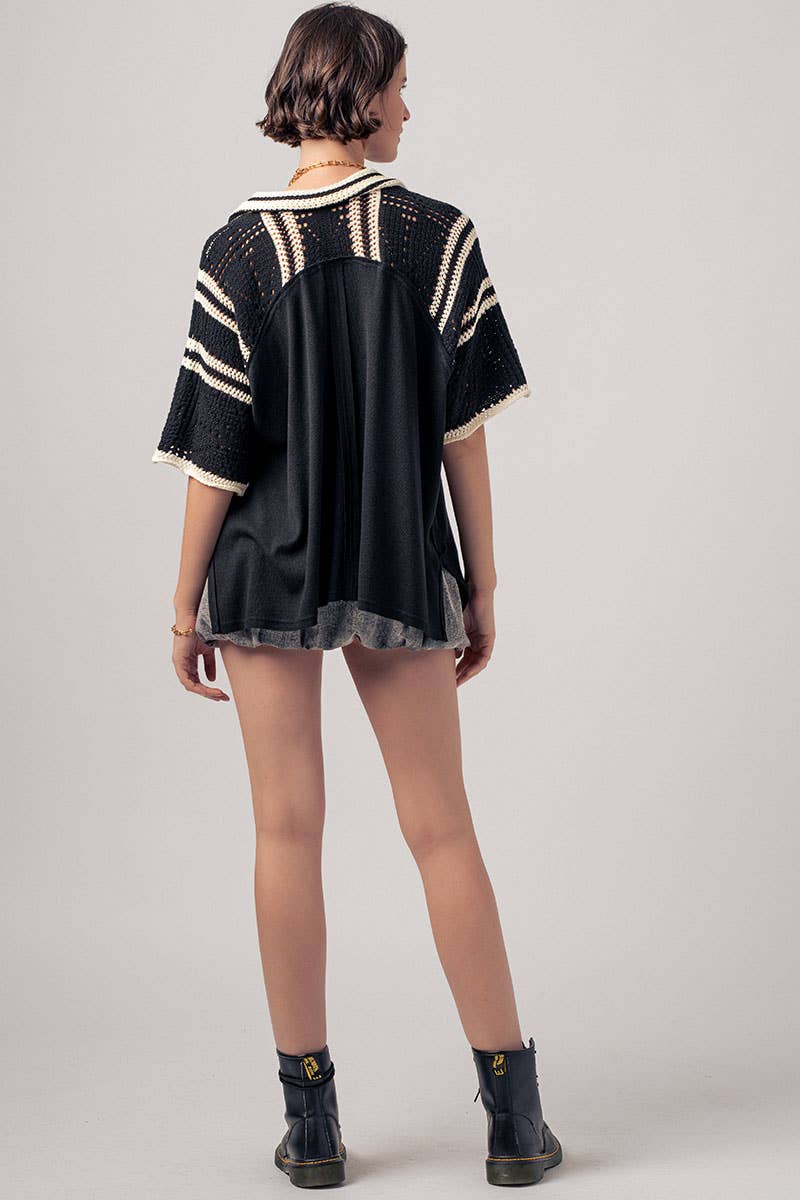 Crochet Lace Button-Down Shirt with Contrast Trim Detail