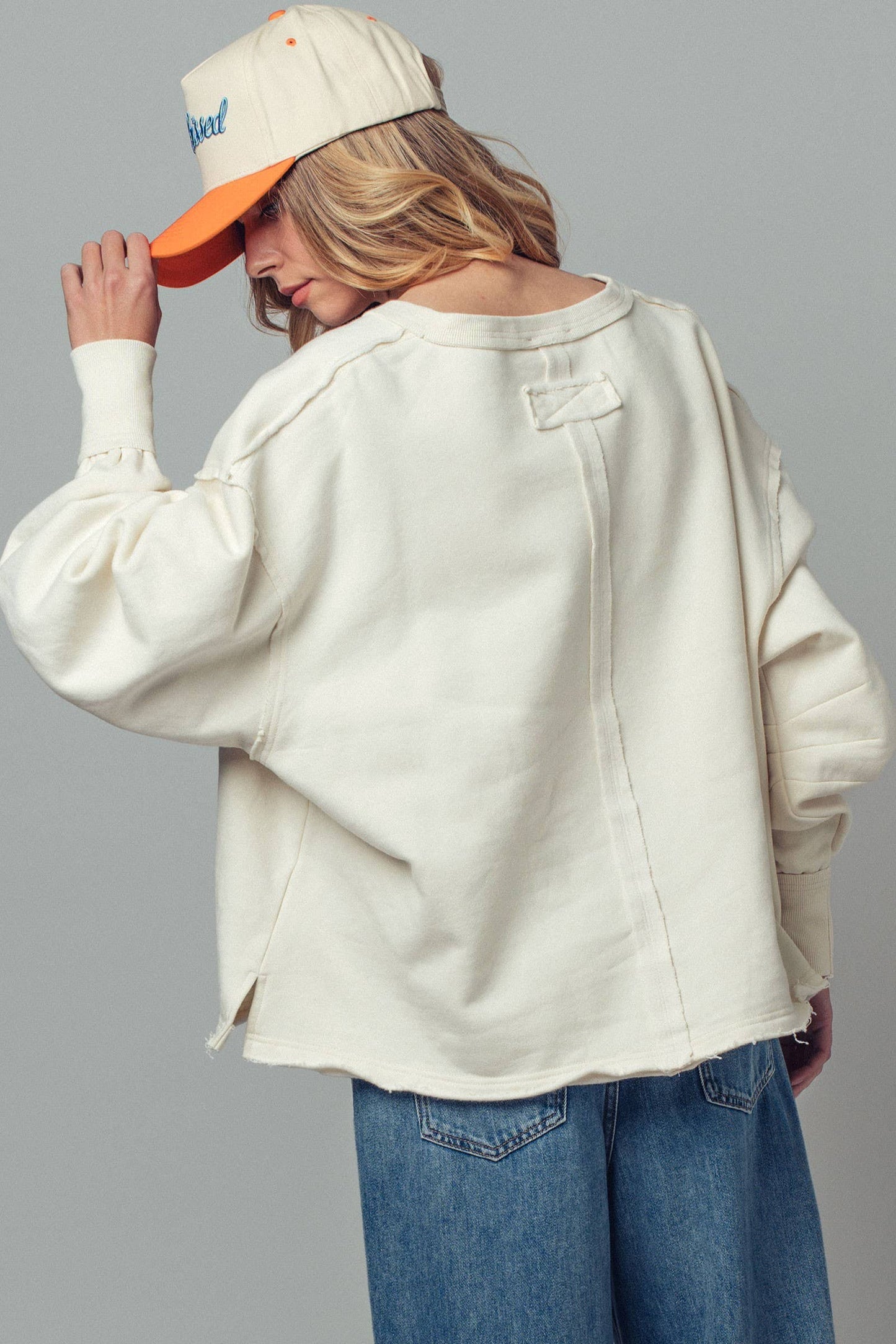 Raw Edge V-Neck Oversized Sweatshirt