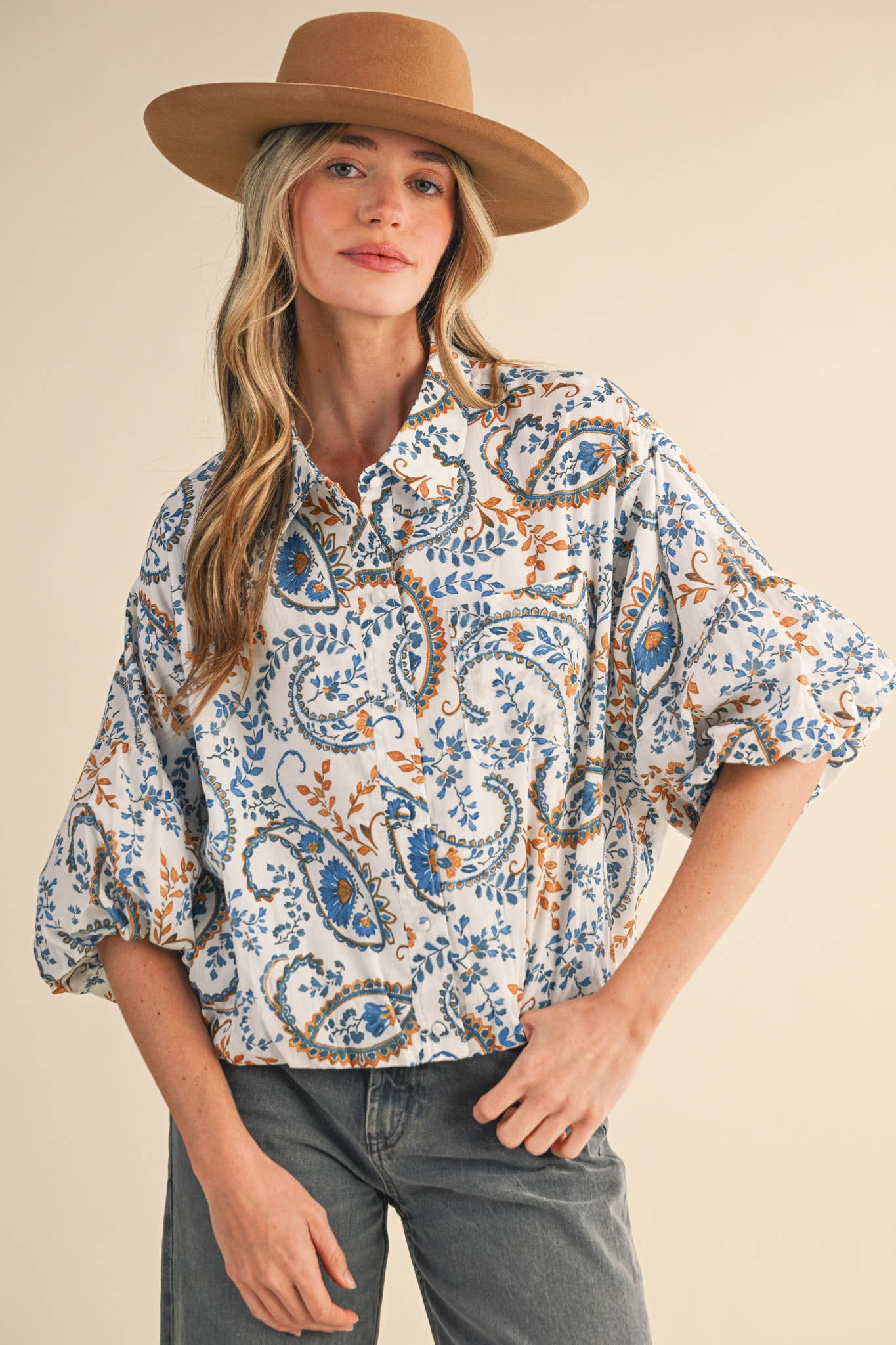 PAISLEY PRINT BUTTON DOWN BUBBLE SLEEVE TOP
